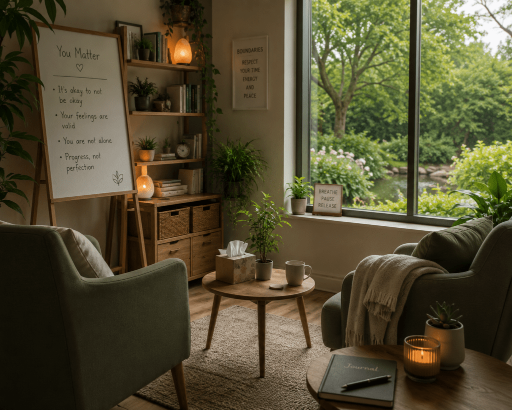 Serene therapy space with natural light