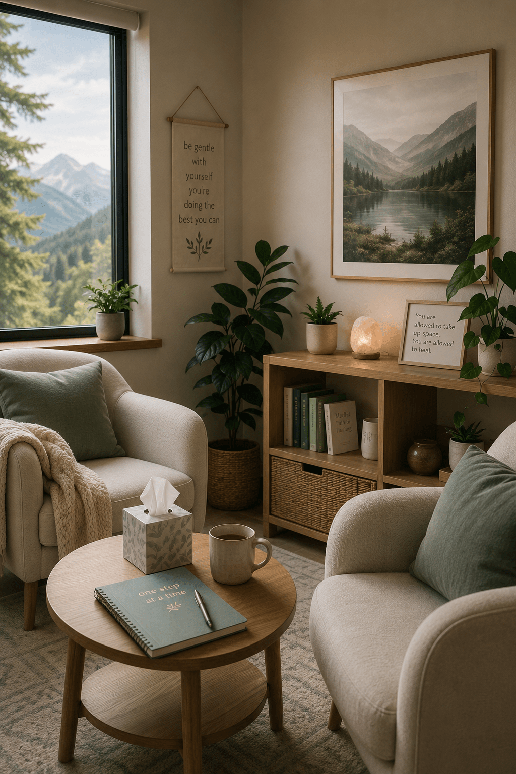 A corner indoor setting with a lush green plant in a textured pot beside a rustic wooden bench against a white wall.